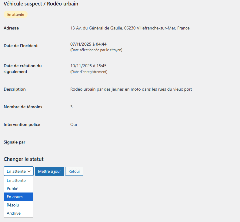 Gestion des signalement dans le tableau de bord de l'extension Voisin Vigilant WordPress.