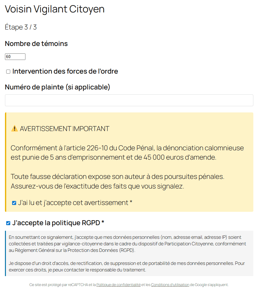 L'extension Voisin Vigilant WordPress recueille le consentement RGPD des internautes et averti en cas de fausse déclaration.